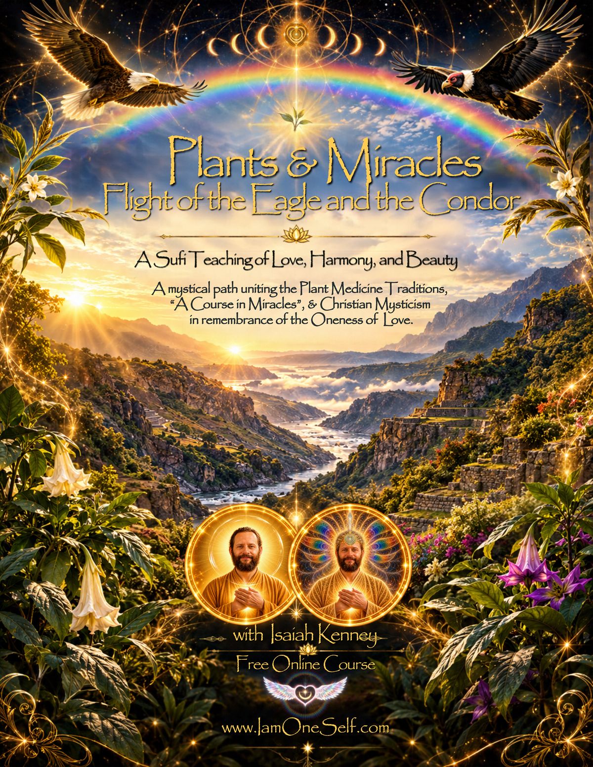 The cover of Isaiah Kenney's flyer: an eagle and a condor fly beneath a rainbow over a mountain river valley, above two round portraits of Kenney and the title Plants & Miracles, Flight of the Eagle and the Condor.